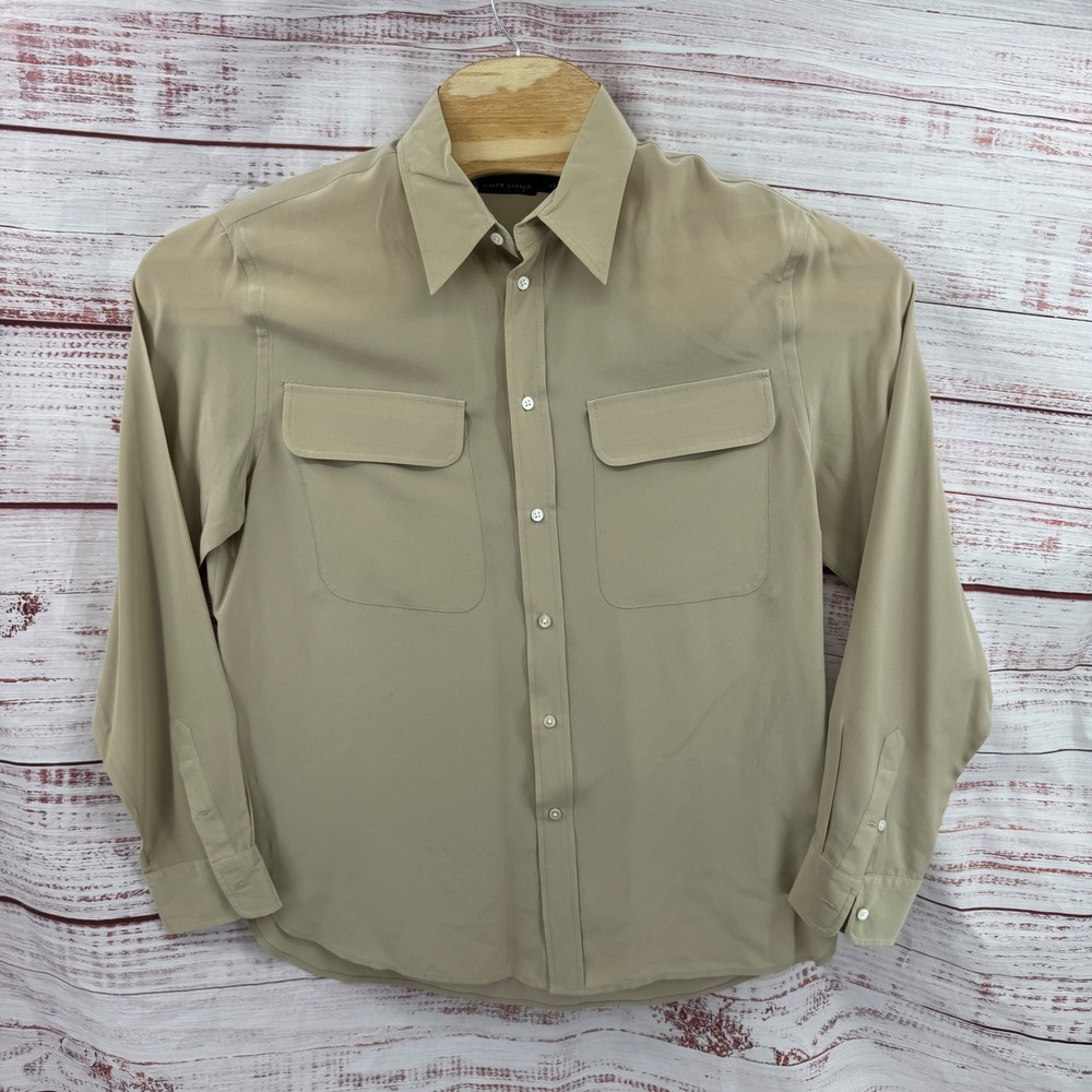 Polo Ralph Lauren Shirt Blouse‎ Size 14 Tan Mulberry Silk Button Down Pockets